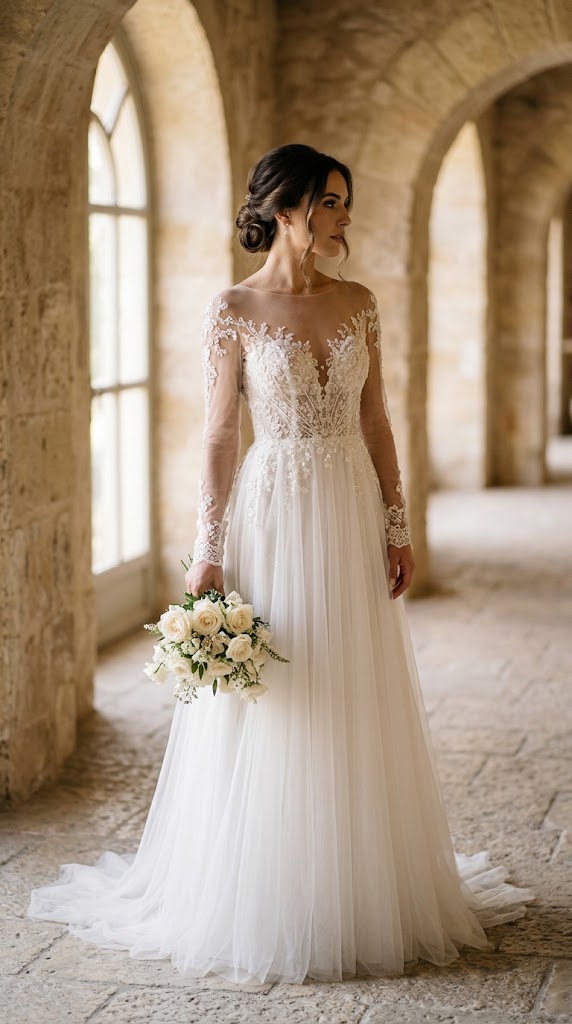 Illusion neckline wedding dress with sheer fabric and delicate lace or beading over the décolletage