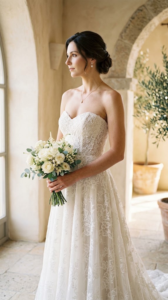 Strapless wedding dress neckline with a straight or slightly curved bodice edge and no shoulder straps
