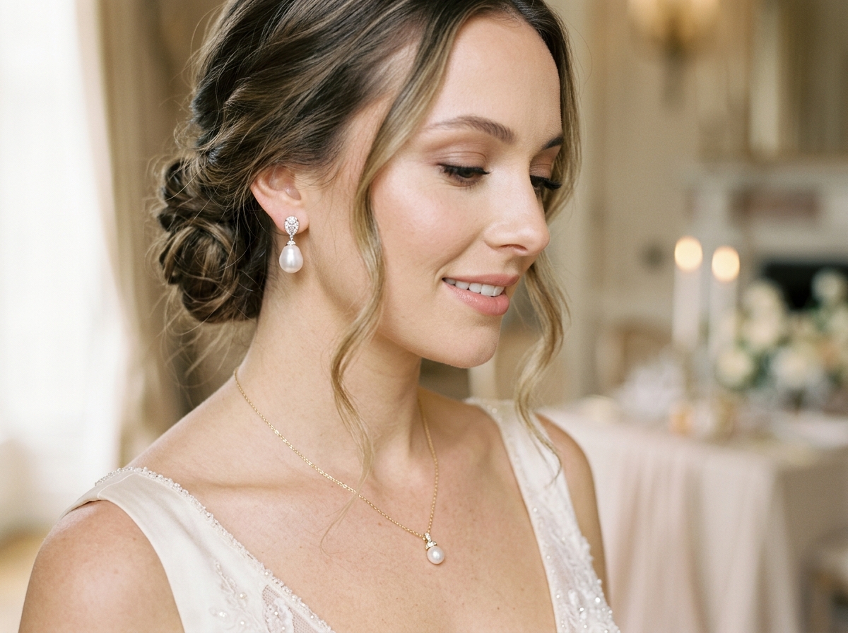 Bride wearing pearl drop earrings and pendant necklace — bridal jewelry for every neckline