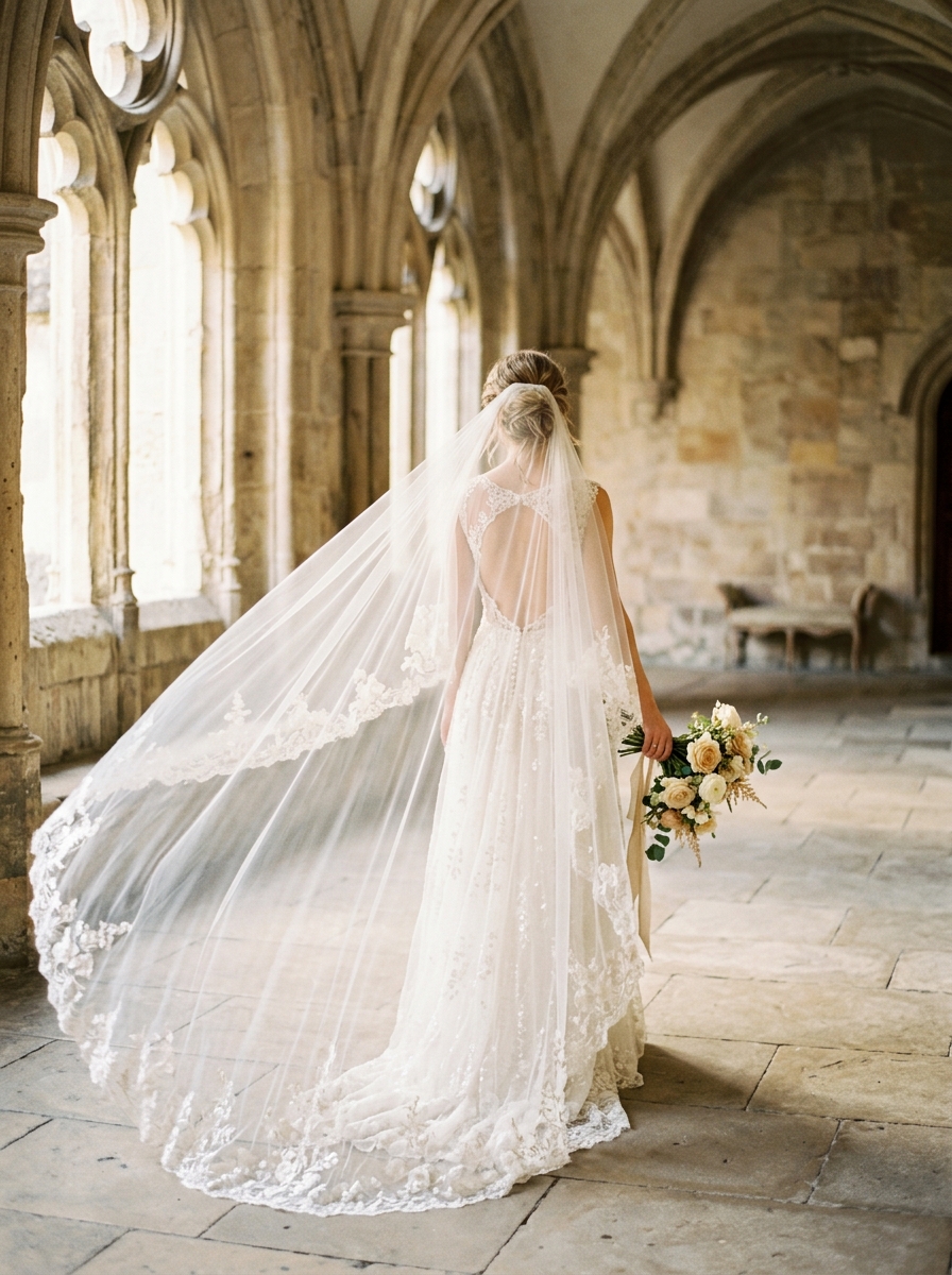 Bride with an ethereal cathedral-length lace veil — how to choose the perfect wedding veil