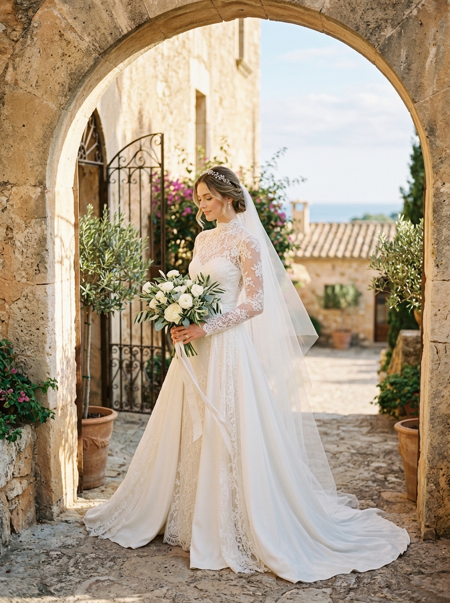 Bride in a flowing high-fashion bridal gown with delicate lace bodice standing in a warm Mediterranean archway with golden light