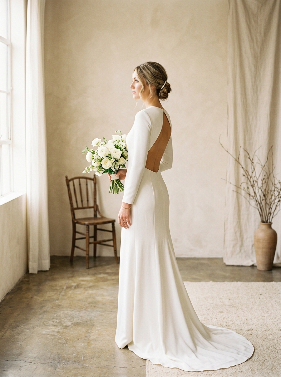Fit-and-flare wedding dress fitted through the bodice and hips, flaring softly above the knee for a balanced shape