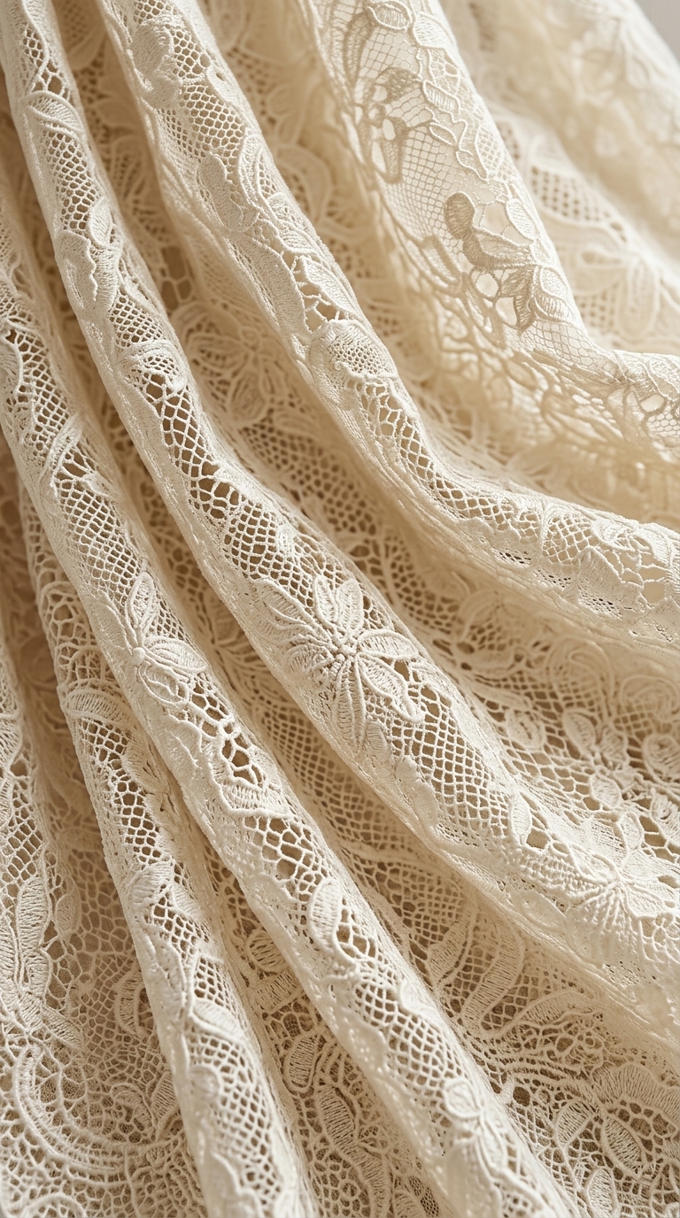 Lace wedding dress fabric with intricate floral patterns and delicate open-weave detailing