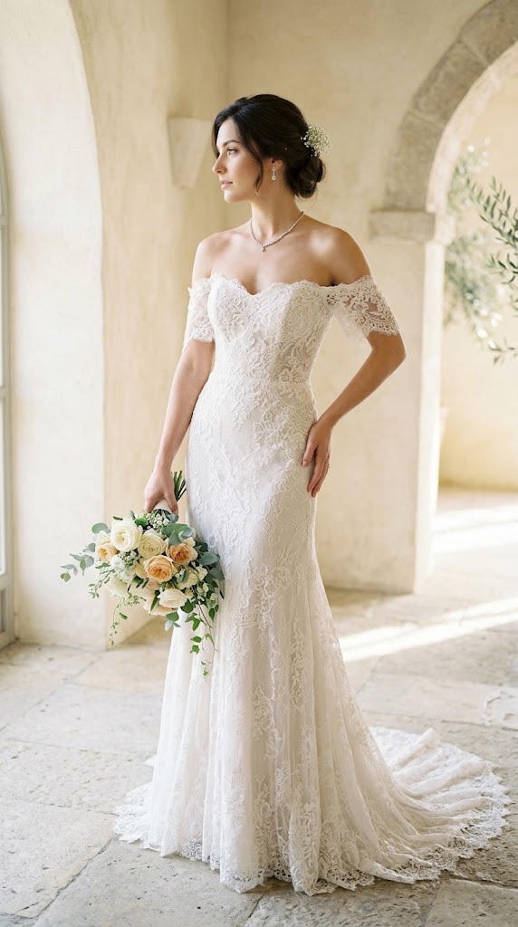 Off-the-shoulder wedding dress neckline with sleeves sitting below the shoulders to frame the collarbone