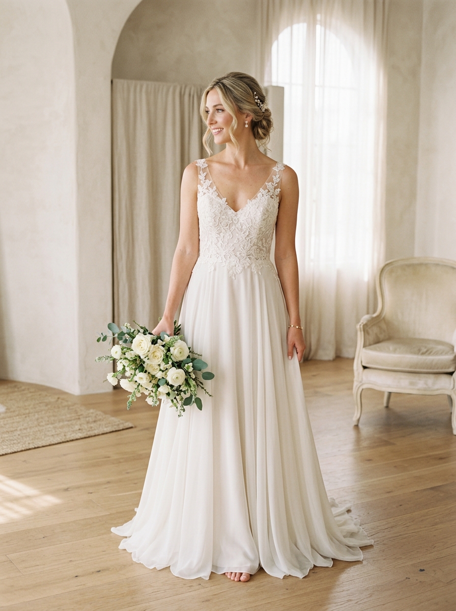 A-line wedding dress silhouette — fitted bodice gradually flaring from the waist to the hem in a soft triangular shape