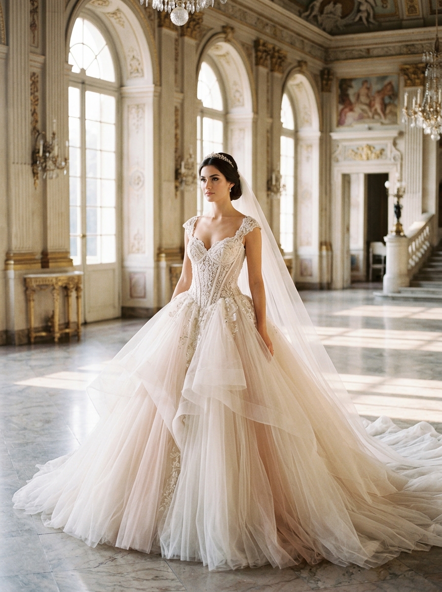 Ballgown wedding dress with a fitted structured bodice and a dramatic full tulle skirt in a grand cathedral setting