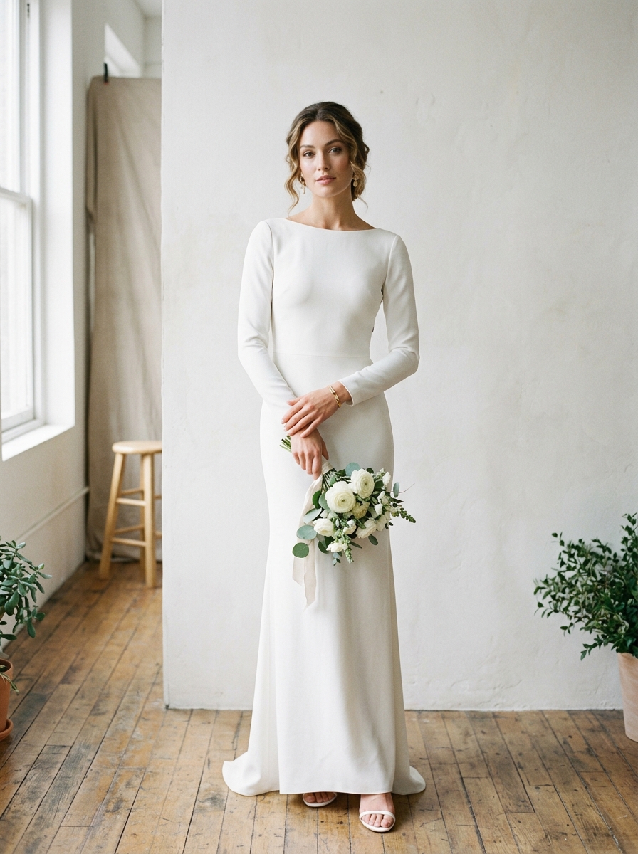 Sheath wedding dress that follows the body's natural line from shoulder to hem with minimal flare for a sleek modern look