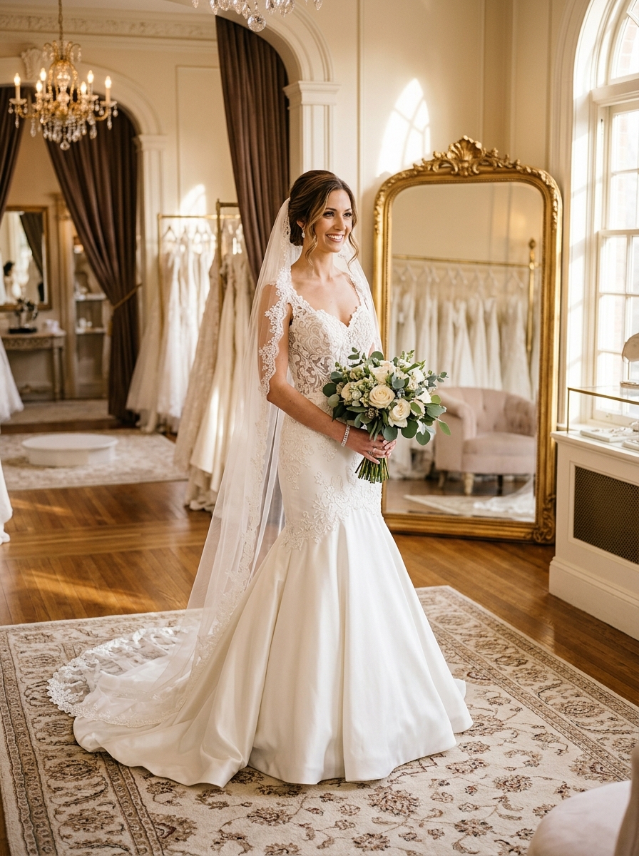 Trumpet wedding dress that fits through the bodice and hips, flaring gently at mid-thigh for a softer curve
