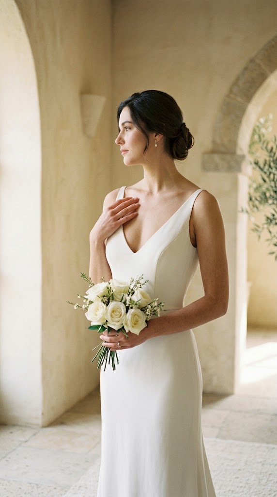 V-neck wedding dress neckline creating an elongating vertical line from shoulders to the centre of the bodice
