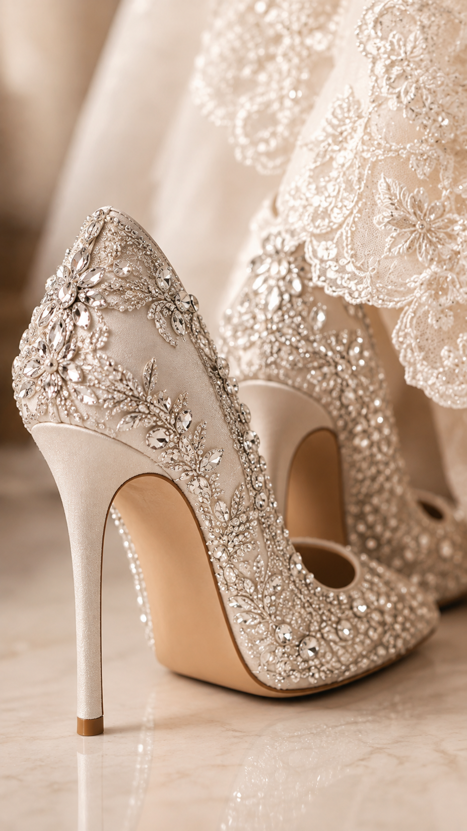 Luxury bridal accessories flat lay — wedding shoes that work with your dress